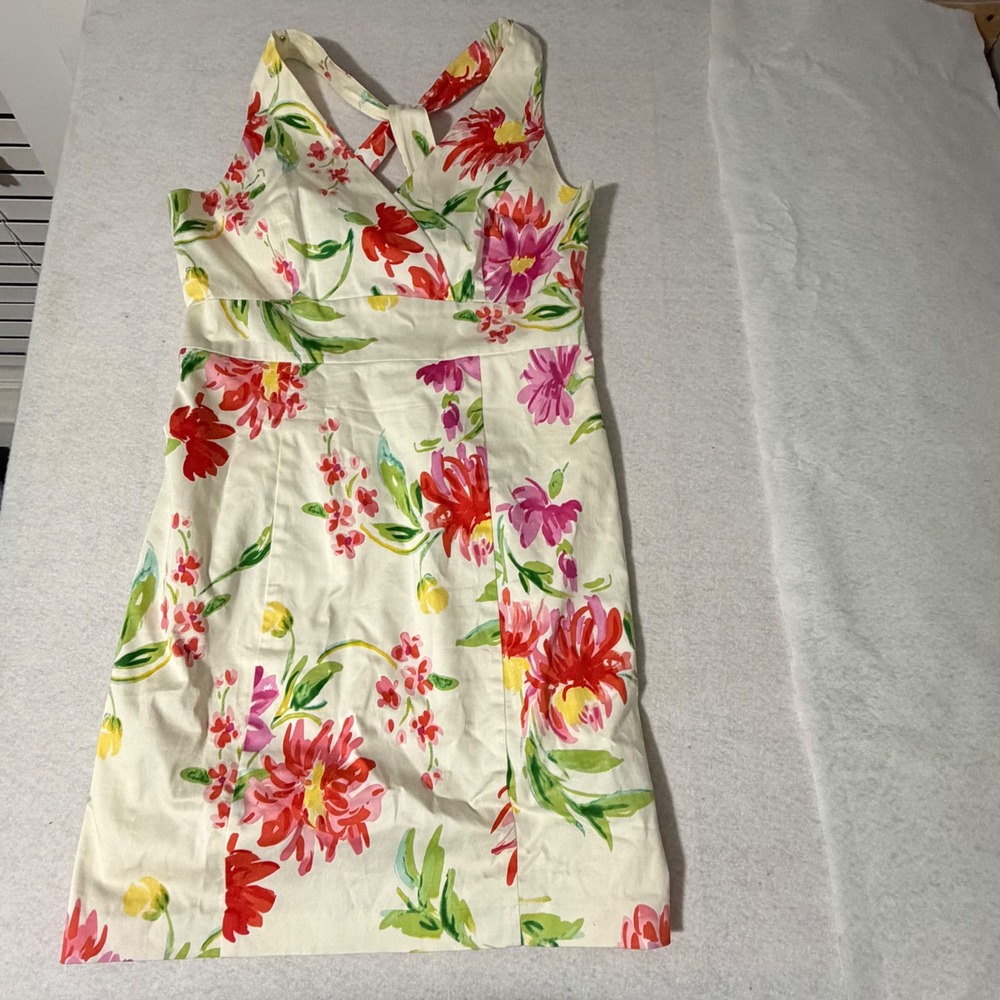 Tommy Hilfiger Floral Sheath Dress White Pink Red V-Neck Twisted Back Size 10